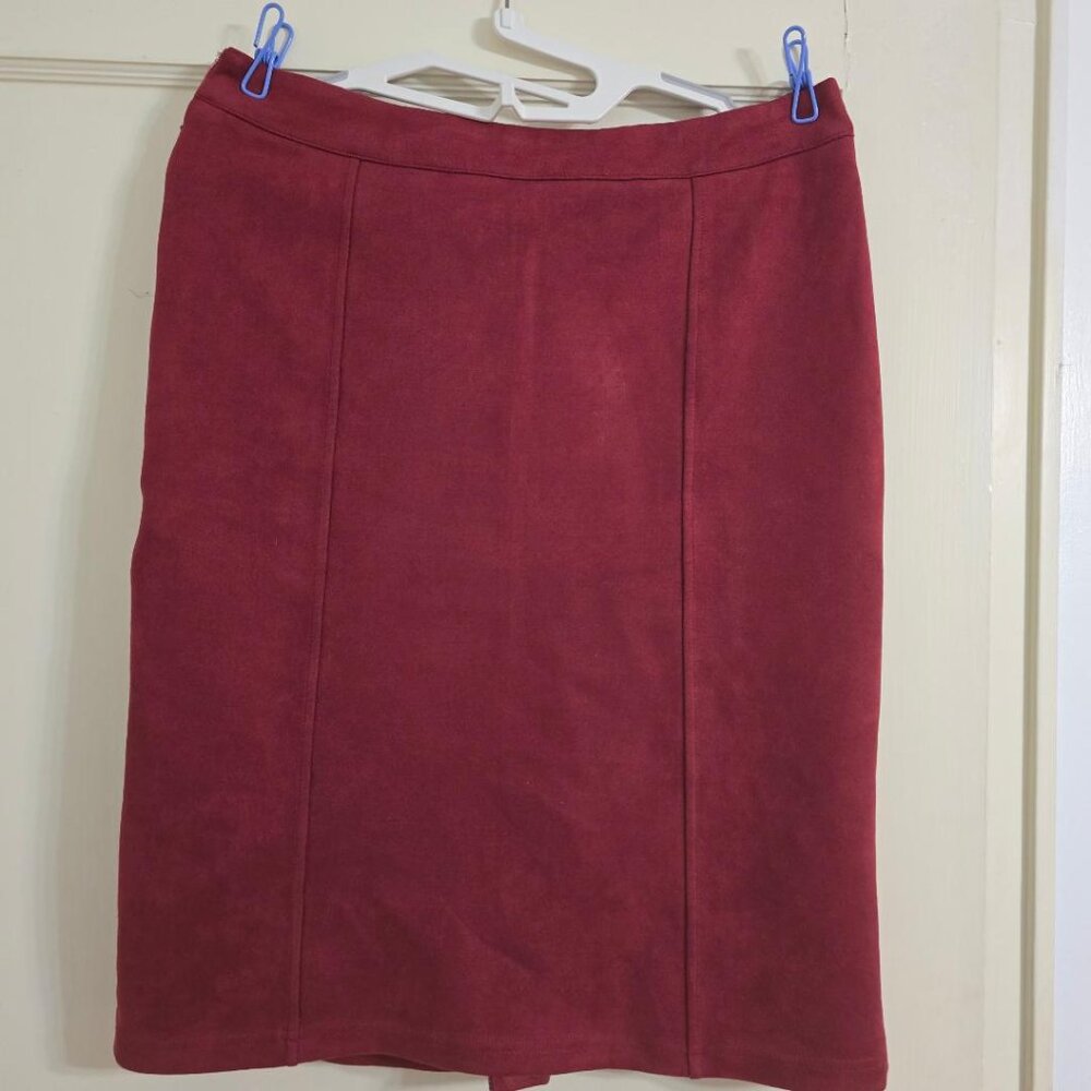 L Vera Fishbaugh Raspberry Wine Vintage Faux Suede Pencil Midi Skirt w back Slit